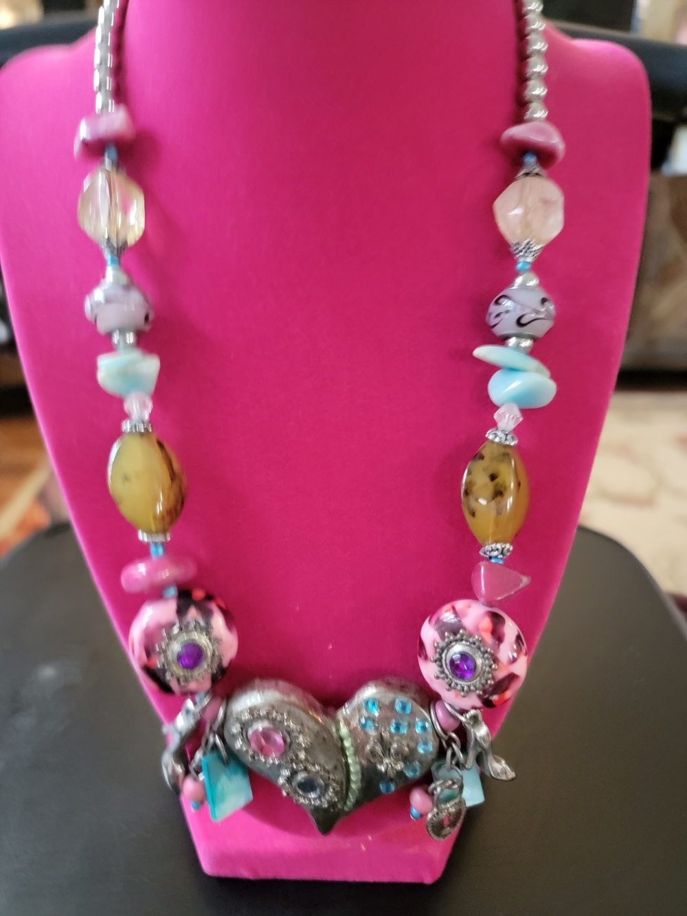 Colorful Mixed-Bead Heart Pendant Necklace - Pink & Turquoise